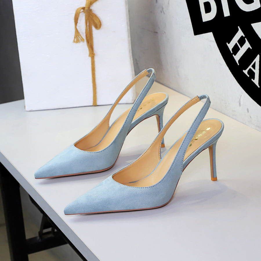 High Grade Suede Stiletto Heel Women Shoes Pointed Toe Low Cut Comfortable Back Empty Back Strap Outdoor Sandals