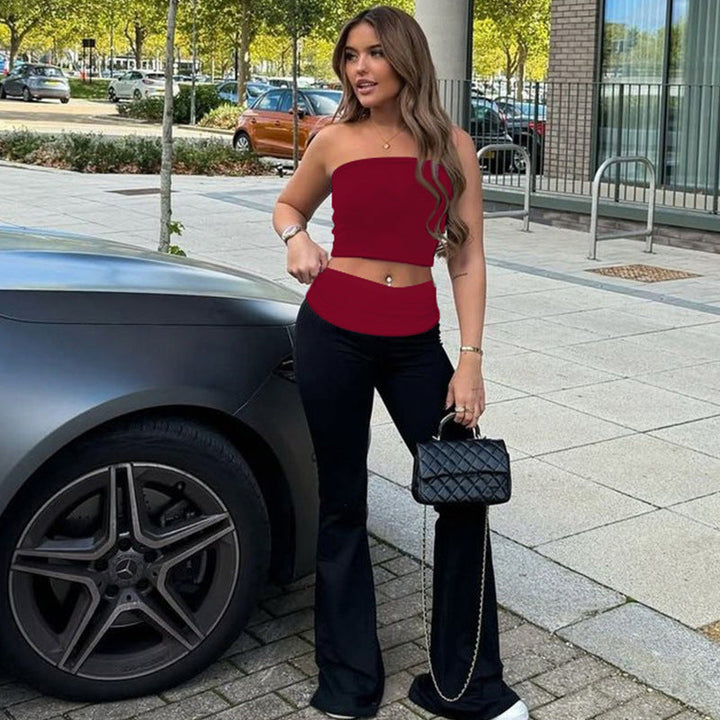 Women Clothing Winter Slim Fit Corset Flared Pants Two Piece Sets Color Contrast Patchwork Women