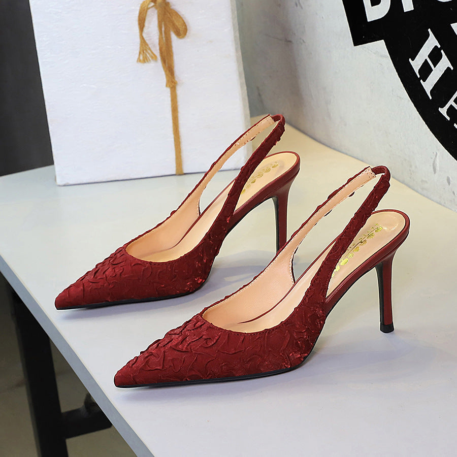 Elegant Pleated Satin Stiletto Women Shoes Pointed Toe Shallow Mouth Cocktail Hollow Out Cutout Back Strap High Heel Sandals