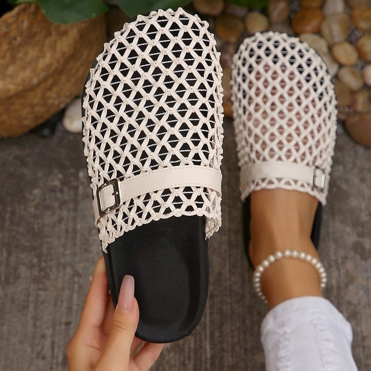 Weaving Hollow Out Cutout Thick Bottom Toe Cap Mules Slippers Women Outer Wear Breathable Belt Buckle Beach Slippers