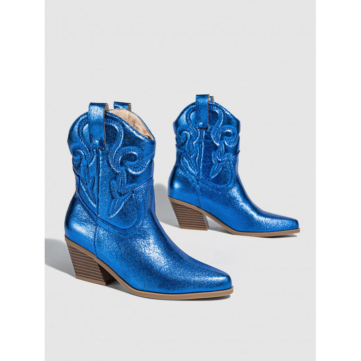 Knee High Boots Retro Slip on Embroidered Pattern Metal Elastic Chunky Heel Increased Outdoor Women Boots