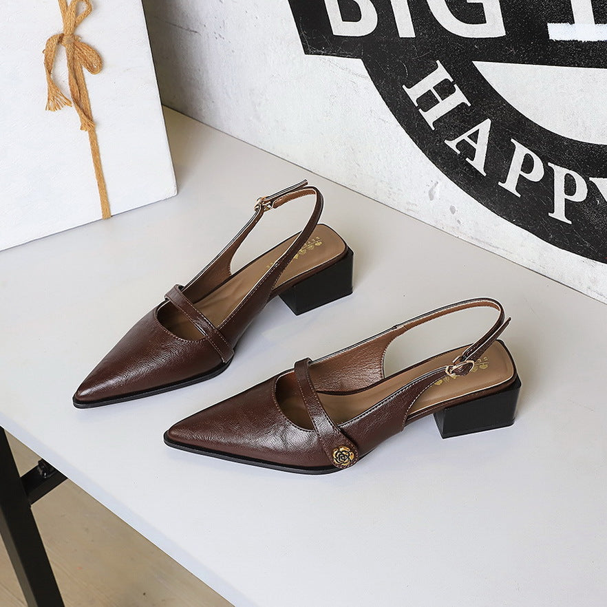 Retro Brown Camellia Pumps Word with Chunky Heel Low Heel Back Empty Back Strap Women Shoes