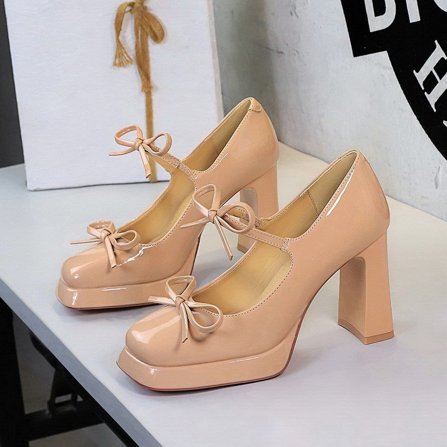 Sexy Patent Leather Bow Buckle Waterproof Platform Super High Heel Not Tired Feet Shoes