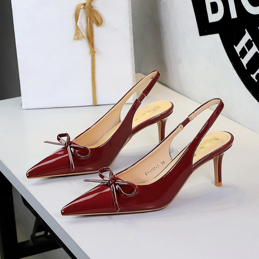 Bowknot Decorative Pointed Shallow Mouth Patent Leather Rear Empty Back Strap Stiletto Sandals