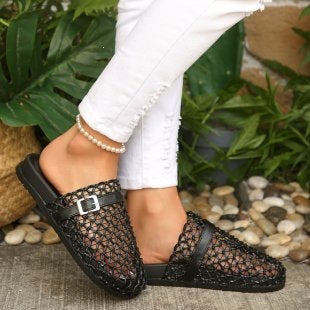 Weaving Hollow Out Cutout Thick Bottom Toe Cap Mules Slippers Women Outer Wear Breathable Belt Buckle Beach Slippers