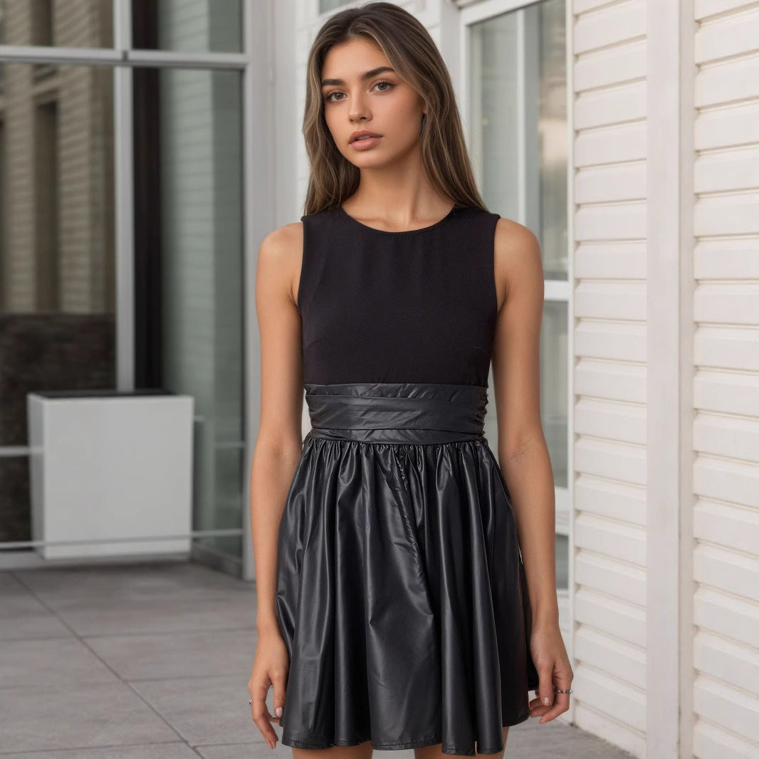 Graceful Fashionable Sleeveless round Collar Design Leather Stitching Dress