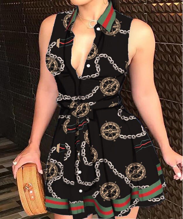 V-neck Lace up Fashion Print Dress