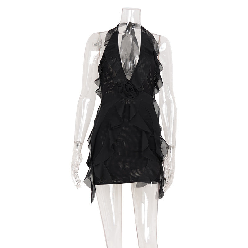 Women's Minority Design Sexy Halter Sling Backless Dress Women Ruffled Irregular Asymmetric Vacation Sexy Short Dress