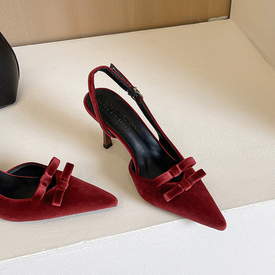 French Elegant Socialite Bow Suede Hollow Out Cutout Stiletto Heel Women Shoes Pointed Toe Buckle Shallow Mouth