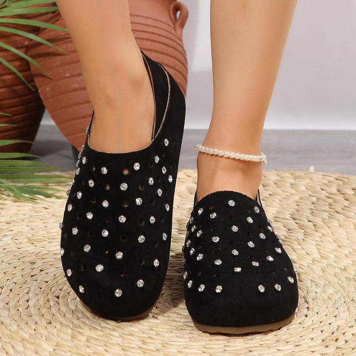 Rhinestone Hollow Out Cutout Boken Toe Cap Low Top Shoes Women Summer Casual Thick Bottom Lazy Semi Slippers