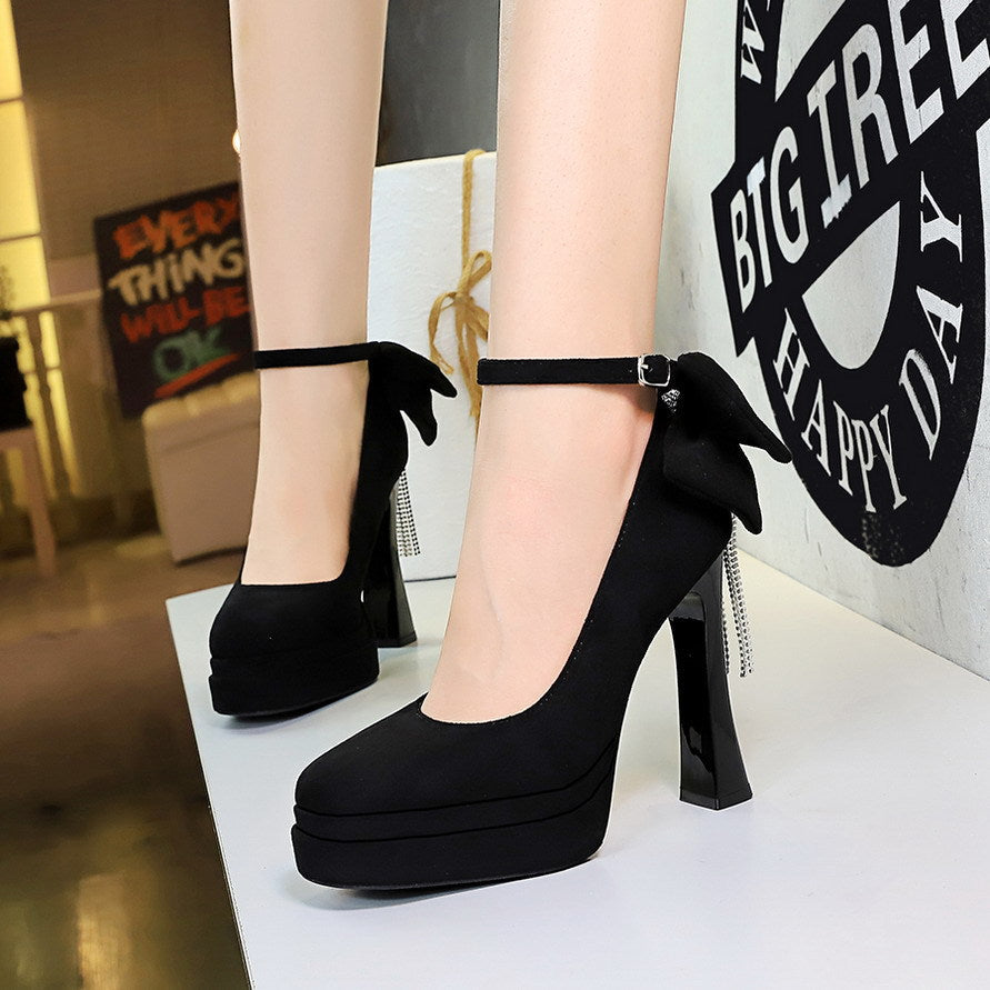 French Wind Black Cocktail round Head Super High Heel Platform Women Shoes Back Bow Rhinestone Shoes