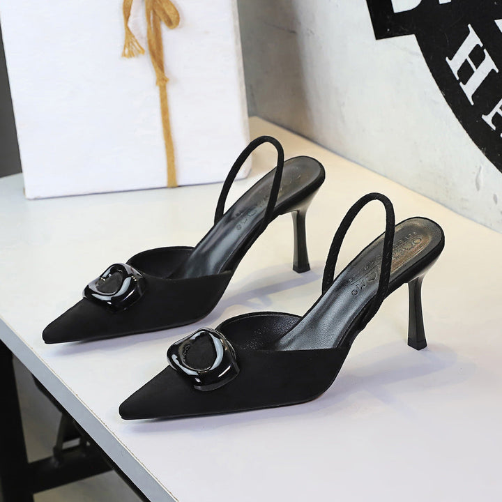 French Office Square Buckle Pointed Toe Suede Small Clear Back Empty Strap Stiletto Heel Women Shoes