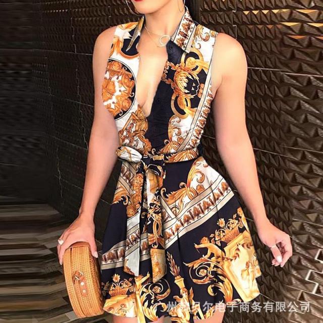 V-neck Lace up Fashion Print Dress