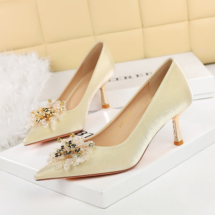 French Metal High Heel Women Shoes Rhinestone Floral Decoration Pointed Toe Satin Stiletto Heel Pumps Women