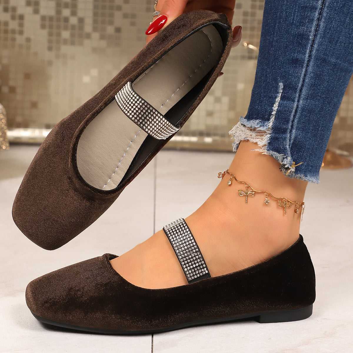 Arrival Suede Rhinestones Flat Pumps Women Comfortable Square Toe Low Cut Lightweight Four Seasons Work Shoes