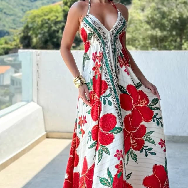 Spring Summer off the Shoulder V neck Women Clothing Spaghetti Strap Floral Print Fairy Long Elegant Dress Large Swing Dress