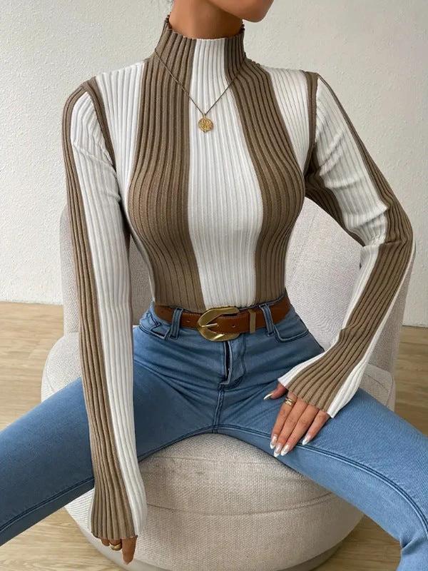 Women's Spring And Autumn Classic Black And White Contrast Color Vertical Pattern Sweater