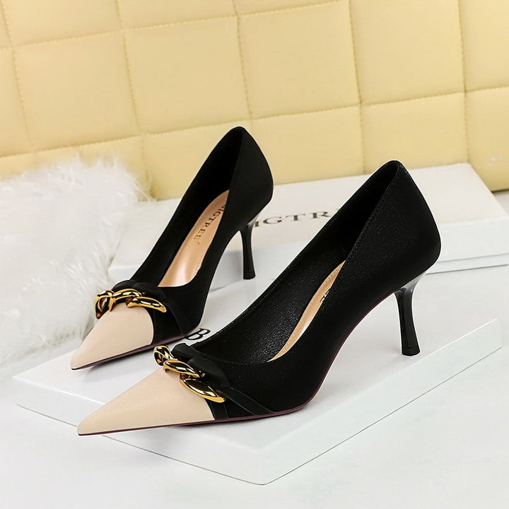 Cocktail Women Shoes Stiletto Heel Shallow Mouth Color Blocking Pointed Metal Chain Decorative Shoes