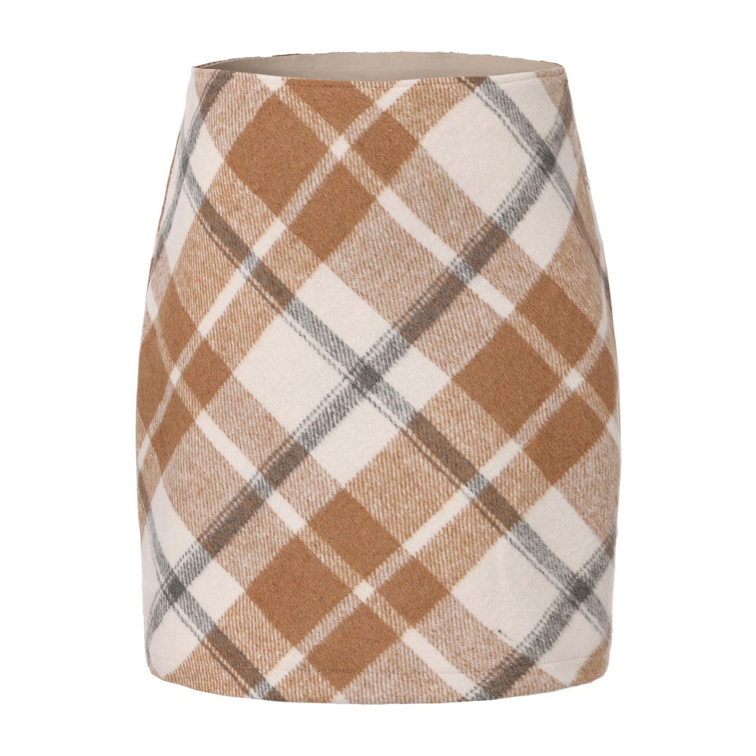 Women Clothing Autumn Winter Woolen Skirt Plaid High Waist Elastic Solid Color Zipper Skirt