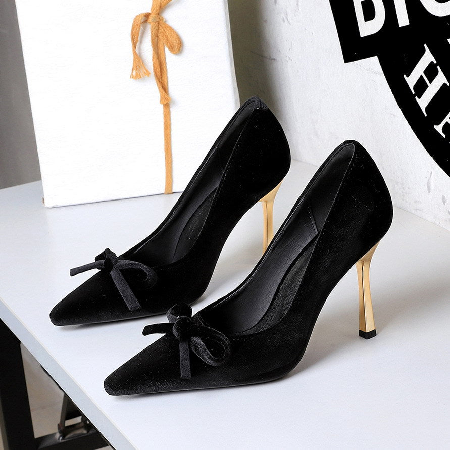 French Metal High Heel Slip on Stilettos Bow Suede Cocktail Goddess Shoes