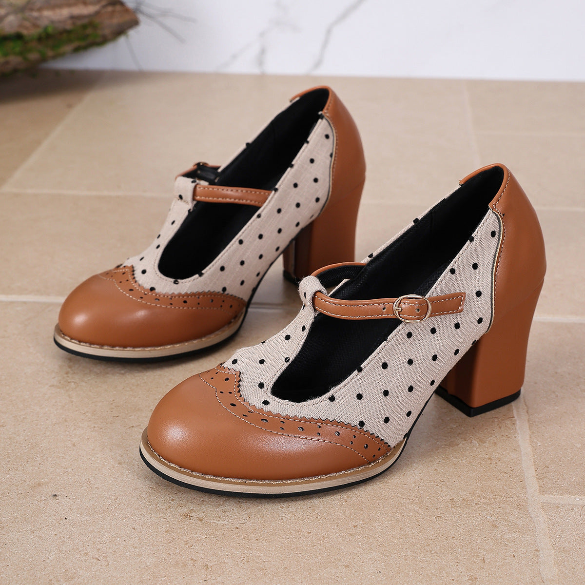 Lace Mary Jane Low Top Shoes Women Color Matching T Straps Shallow Mouth Thick High Heel Buckle Women Shoes