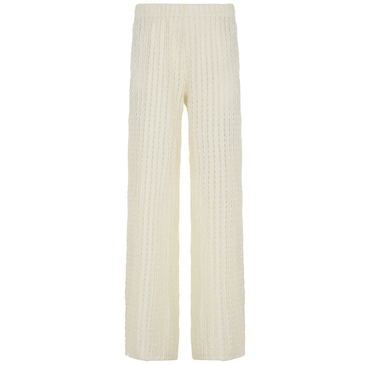 Vacation Texture Hollow Out Cutout Loose Solid Color Casual Pants Sexy High Waist Slimming All Matching Straight Leg Trousers