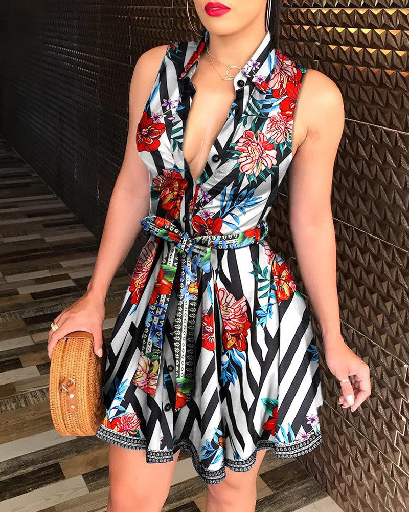 V-neck Lace up Fashion Print Dress