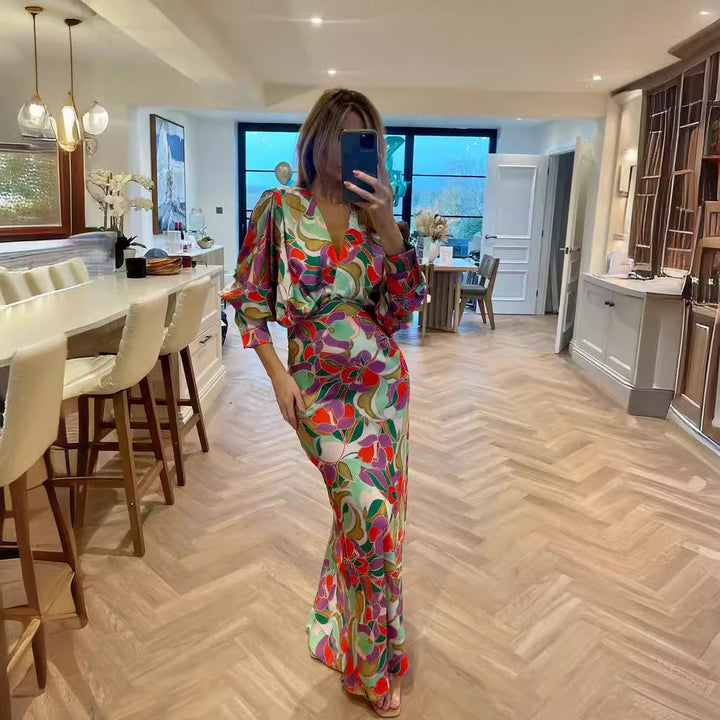 Floral V-neck Tight Waist Dress High-grade Sense