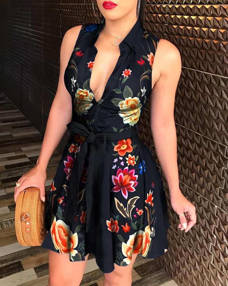 V-neck Lace up Fashion Print Dress