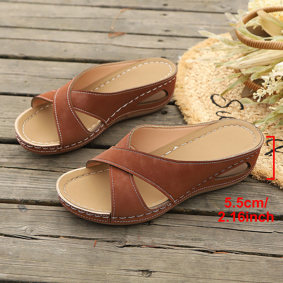Cross Strap Open Toe Platform Slippers Women Wedge Simple Casual Beach Sandals