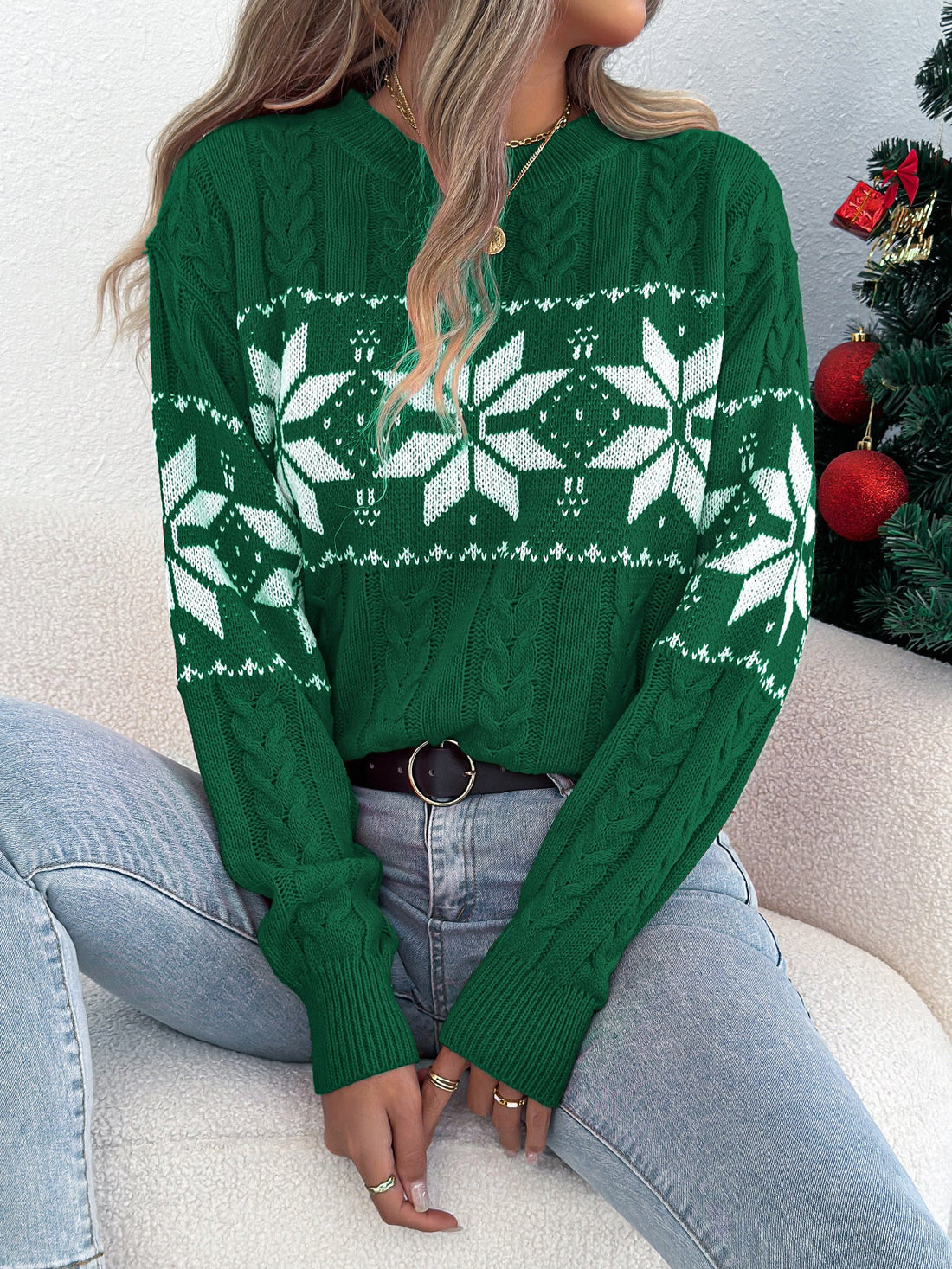 Fall Winter Snowflake Pattern Lantern Long Sleeve Pullover Women Clothing Christmas