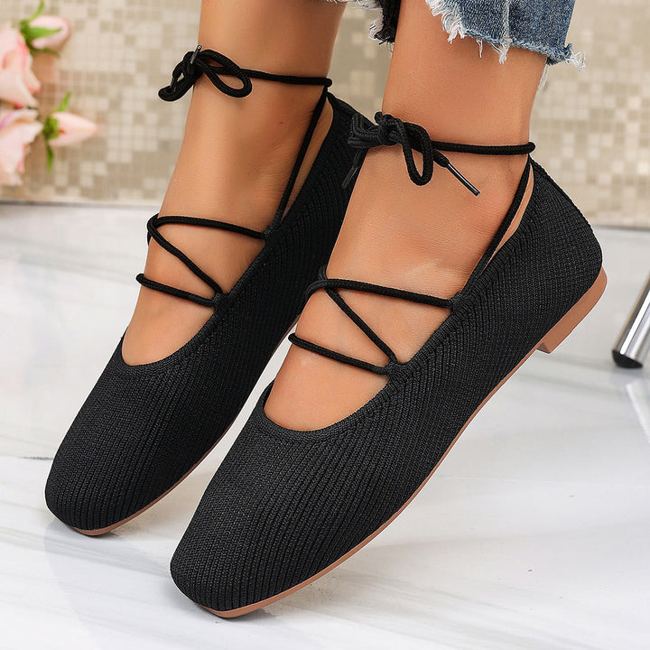 Arrival Square Toe Mary Jane Low Top Shoes Women Summer Flyknit Shallow Mouth Flat Bottom Lace up Boat Shoes