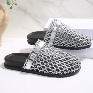 Weaving Hollow Out Cutout Thick Bottom Toe Cap Mules Slippers Women Outer Wear Breathable Belt Buckle Beach Slippers