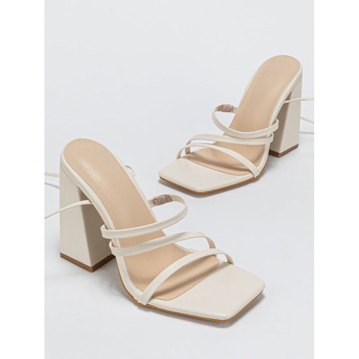 Lace up Square Toe Chunky Heel Nude Shoes Sandals