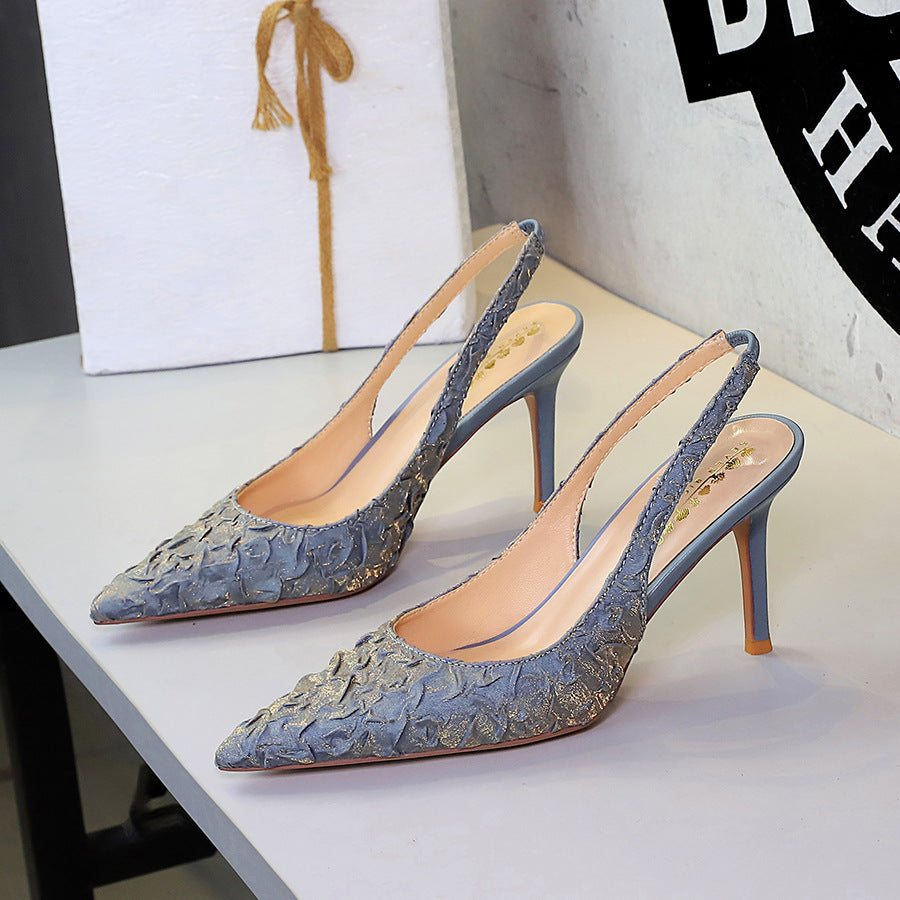 Elegant Pleated Satin Stiletto Women Shoes Pointed Toe Shallow Mouth Cocktail Hollow Out Cutout Back Strap High Heel Sandals