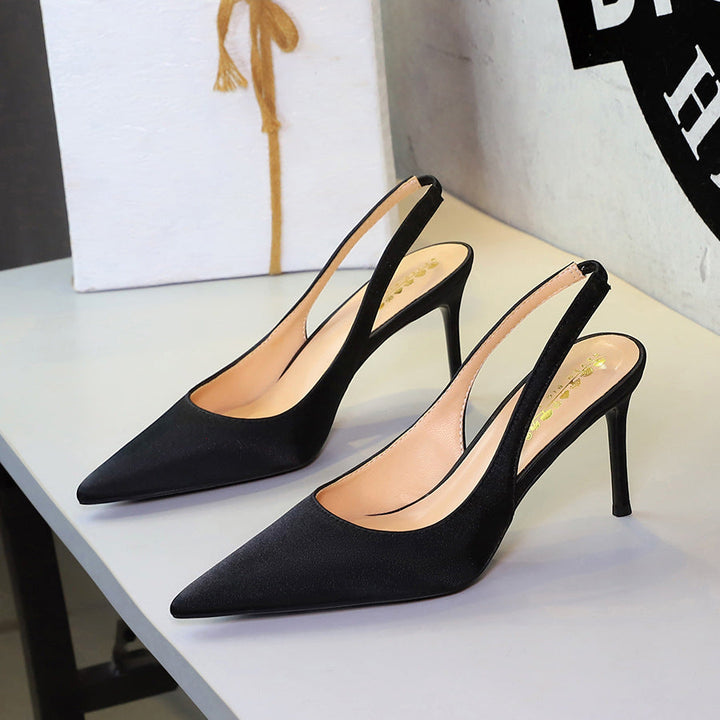 Cocktail Satin High Heels Women Pointed Toe Shallow Mouth Back Empty Back Strap Pumps Bridesmaid Closed Toe Sandals Women