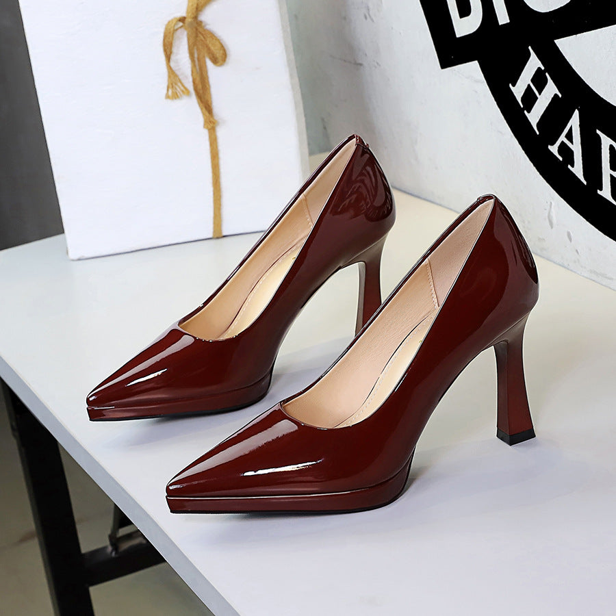 Waterproof Platform Super High Heel Sexy Party Slip on Thick Heel Not Tired Feet Advanced Patent Leather Pumps Women