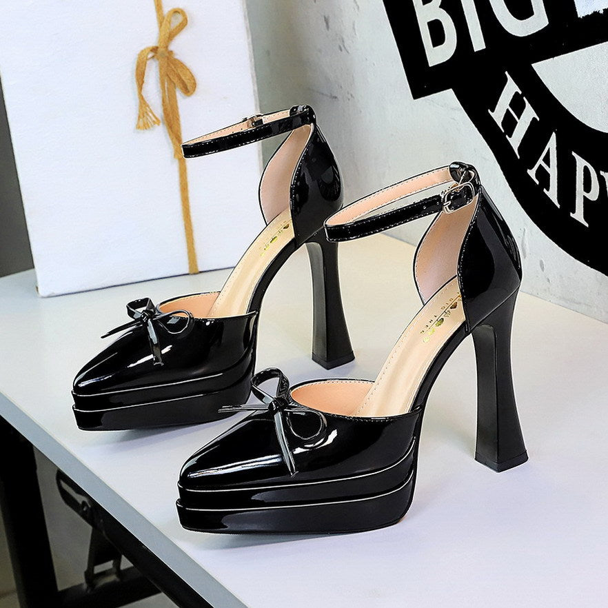 Sexy Double Layer Waterproof Platform Super High Heel Buckle Bow Patent Leather Pointed Toe Hollowed