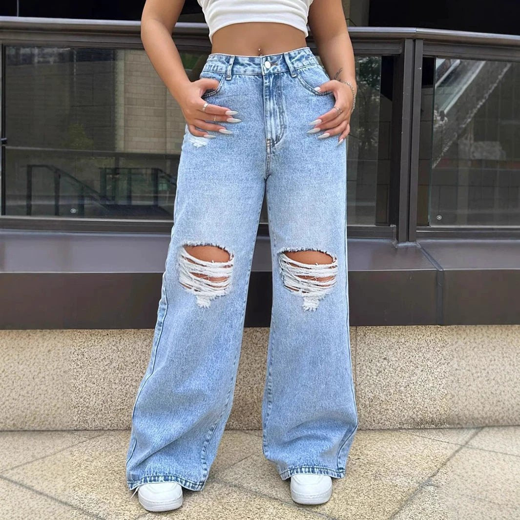 Ripped Washed Loose Straight Wide Leg Jeans