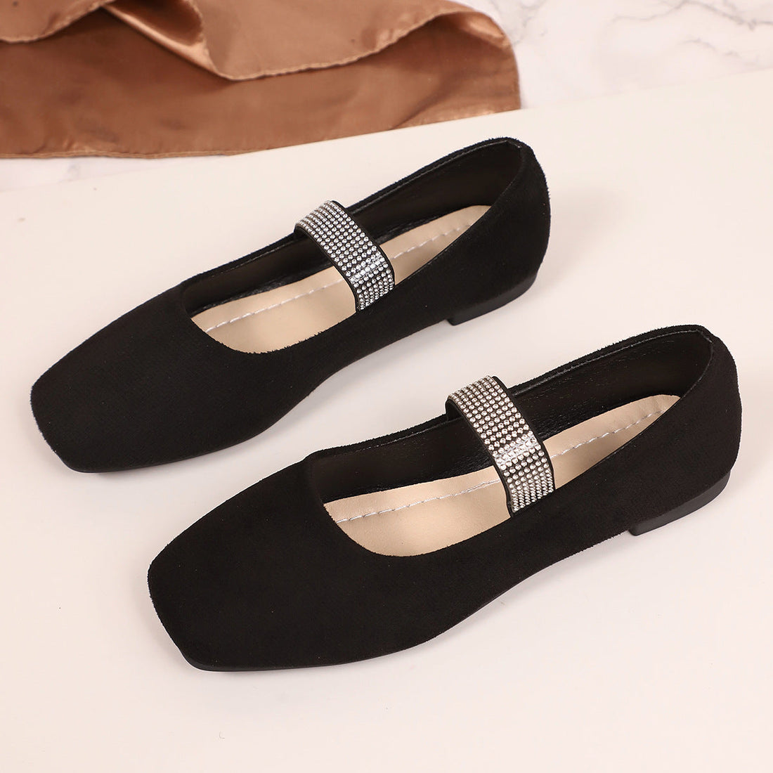 Arrival Suede Rhinestones Flat Pumps Women Comfortable Square Toe Low Cut Lightweight Four Seasons Work Shoes