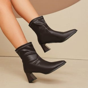 High Heel Short Elastic Pointed Leather Boots Women Fall Small Chunky Heel Sleeve Boots