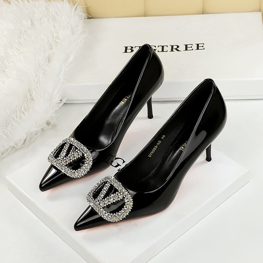 Sexy Party Super High Heel Women Shoes Dignified Rhinestone V Buckle Pointed Toe Shallow Mouth Stiletto Heel Pumps