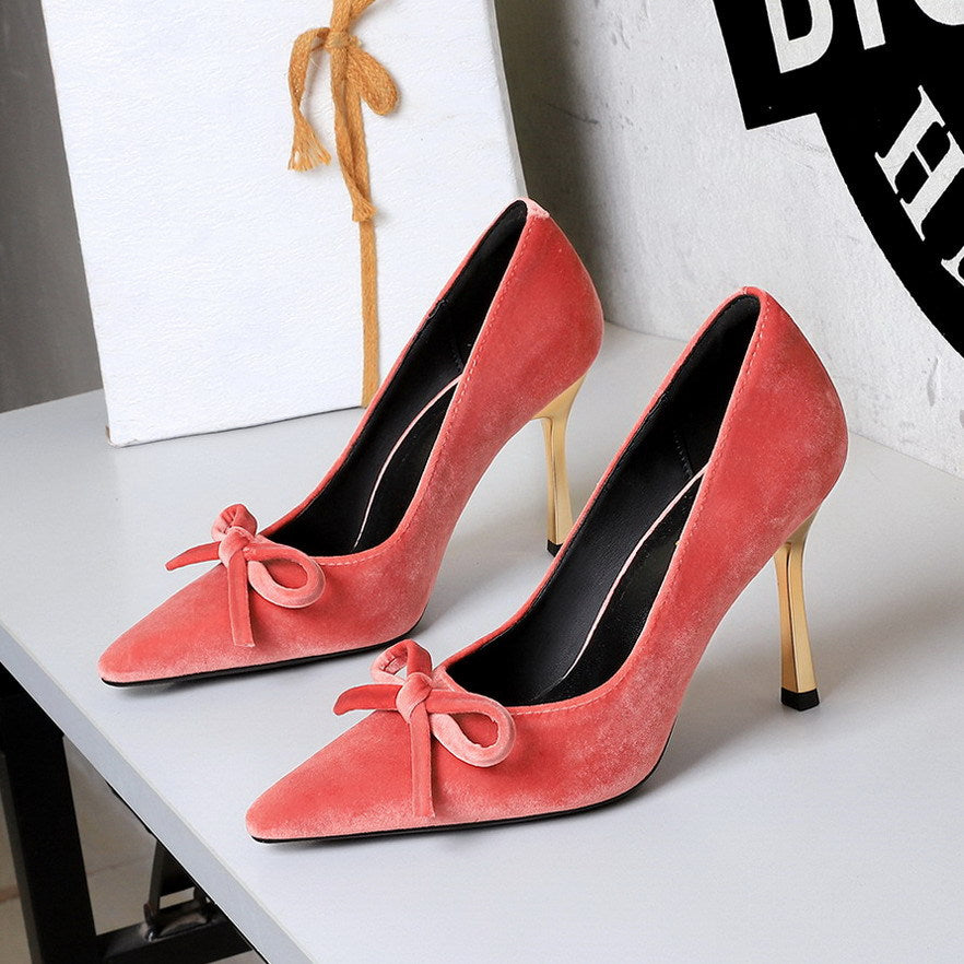French Metal High Heel Slip on Stilettos Bow Suede Cocktail Goddess Shoes
