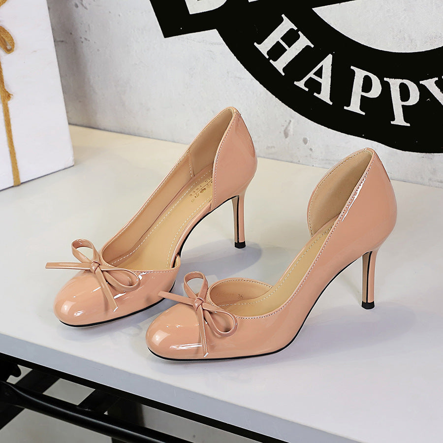 French Sweet Bow Decoration round Toe Shallow Mouth Side Hollow Out Cutout Slip on Stiletto Heel Women Shoes