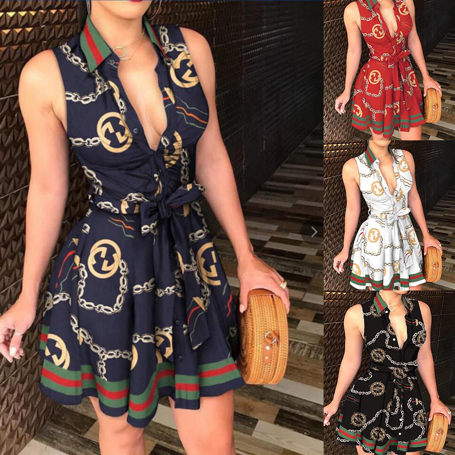 V-neck Lace up Fashion Print Dress