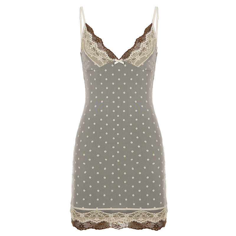 Women's Sexy Polka Dot Lace Lace Contrast Color Cami Dress Faux Two Piece Flocking Mesh Dress