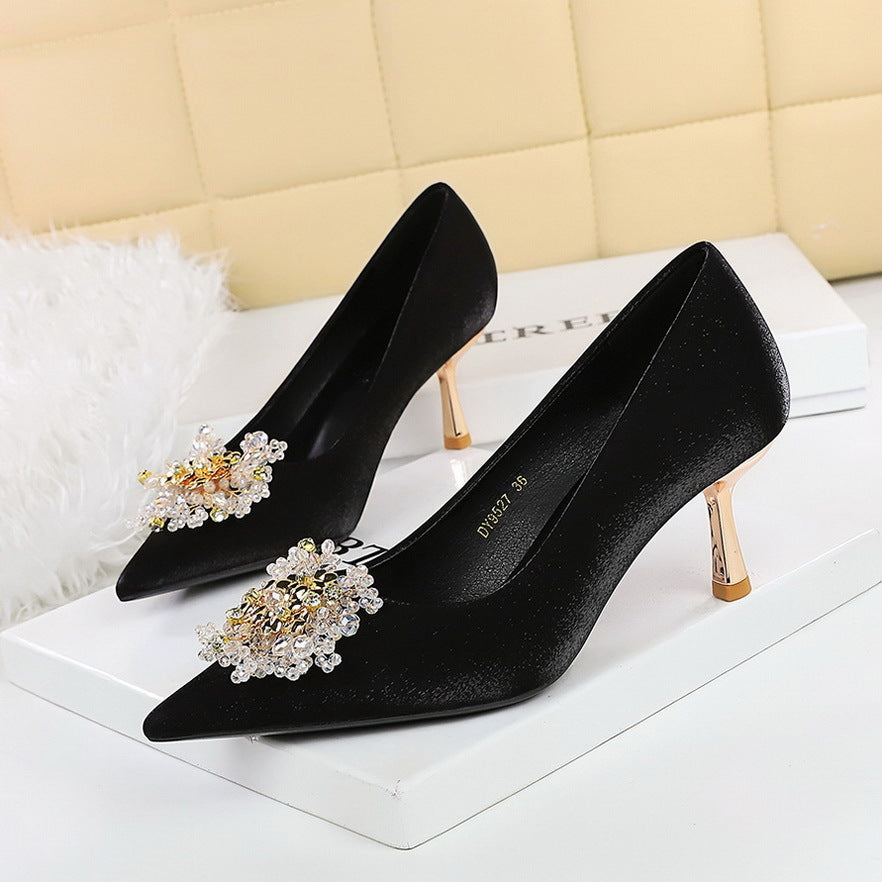 French Metal High Heel Women Shoes Rhinestone Floral Decoration Pointed Toe Satin Stiletto Heel Pumps Women
