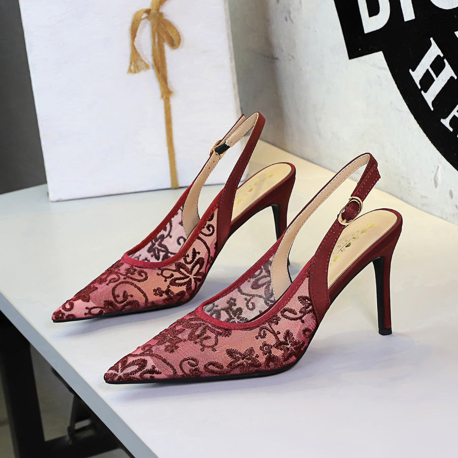 Ankle Strap Buckle High Heel Cocktail Women Shoes Pointed Toe Shallow Mouth Lace Mesh Outdoor Sandals Women