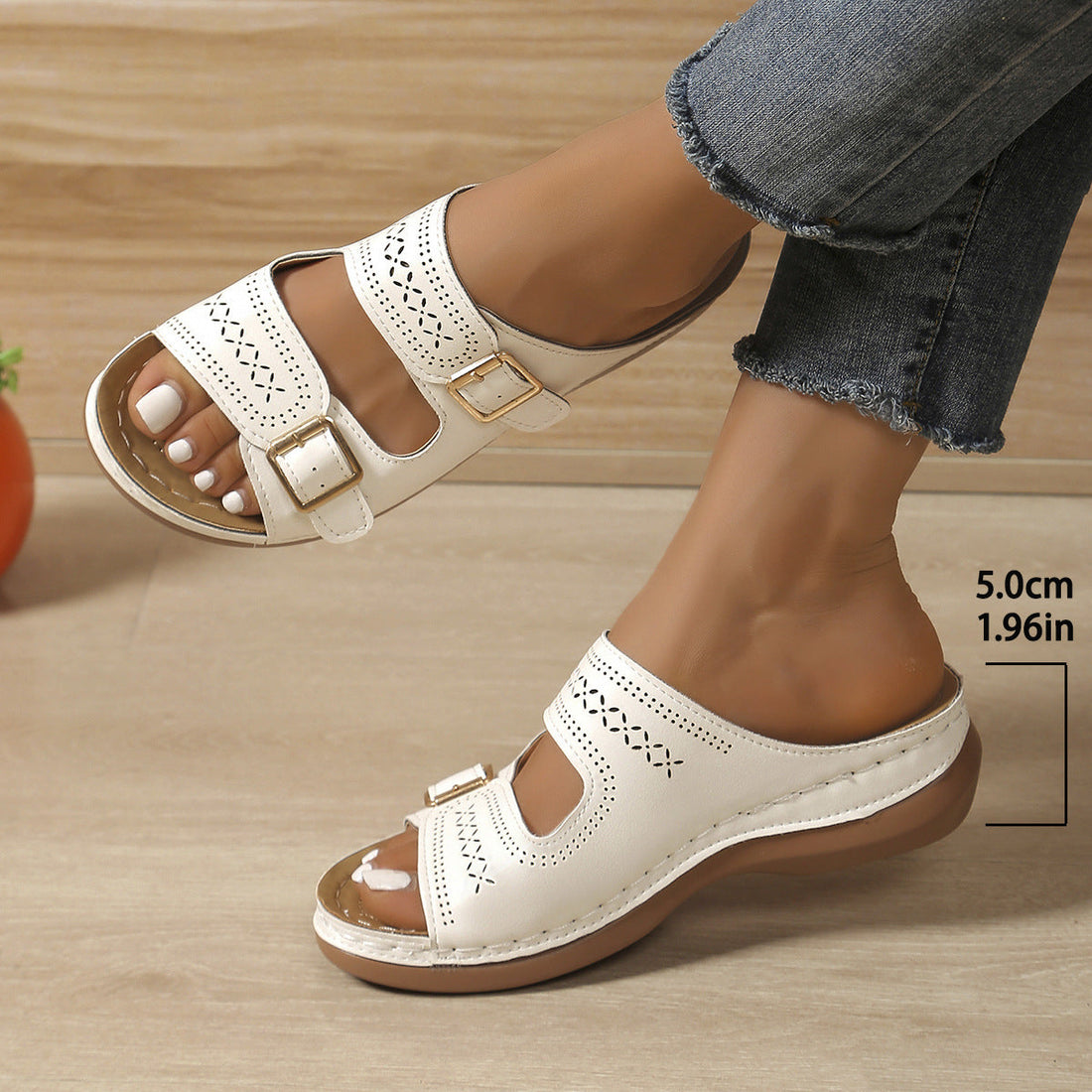 Carved Belt Buckle Platform Slippers Women Wedge Lightweight Beach Slippers
