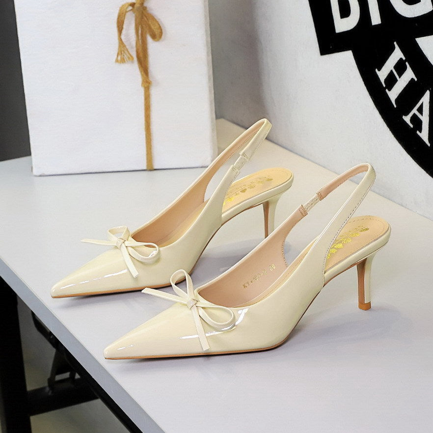 Bowknot Decorative Pointed Shallow Mouth Patent Leather Rear Empty Back Strap Stiletto Sandals